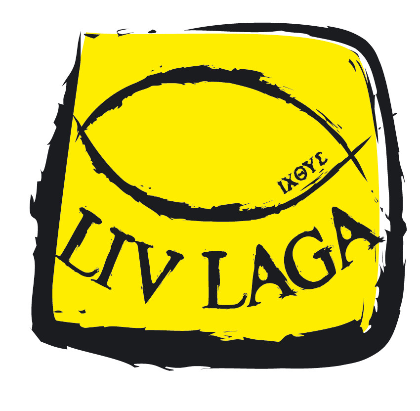 Alternativ tekst: Logoen til Liv Laga-festivalen viser en stilisert fisk i sort på en gul bakgrunn, med teksten "LIV LAGA" skrevet under fisken. Ordet "ΙΧΘΥΣ" er skrevet inni fisken med greske bokstaver. Logo.