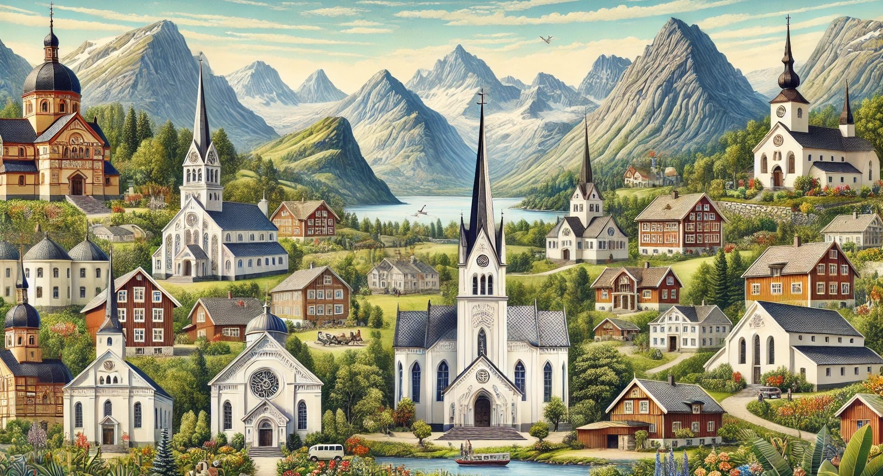Et malerisk landskap med mange kirker og tradisjonelle norske hus i forgrunnen, omgitt av grønne daler og majestetiske fjell i bakgrunnen. Illustrasjon.